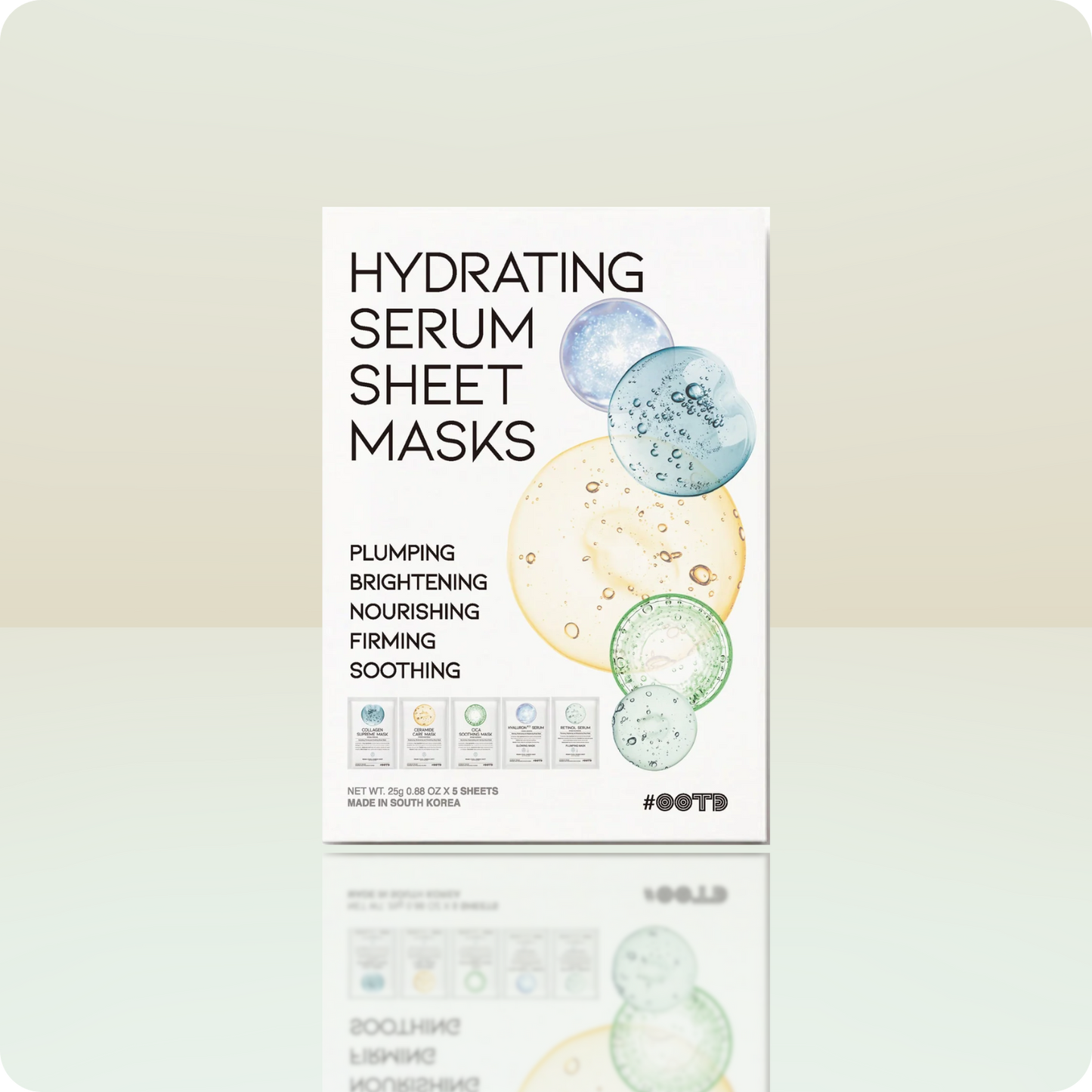 Packaging for OOTD Hydrating Serum Sheet Mask featuring a white background with the product name and an illustration of bubbles indicating hydration.
