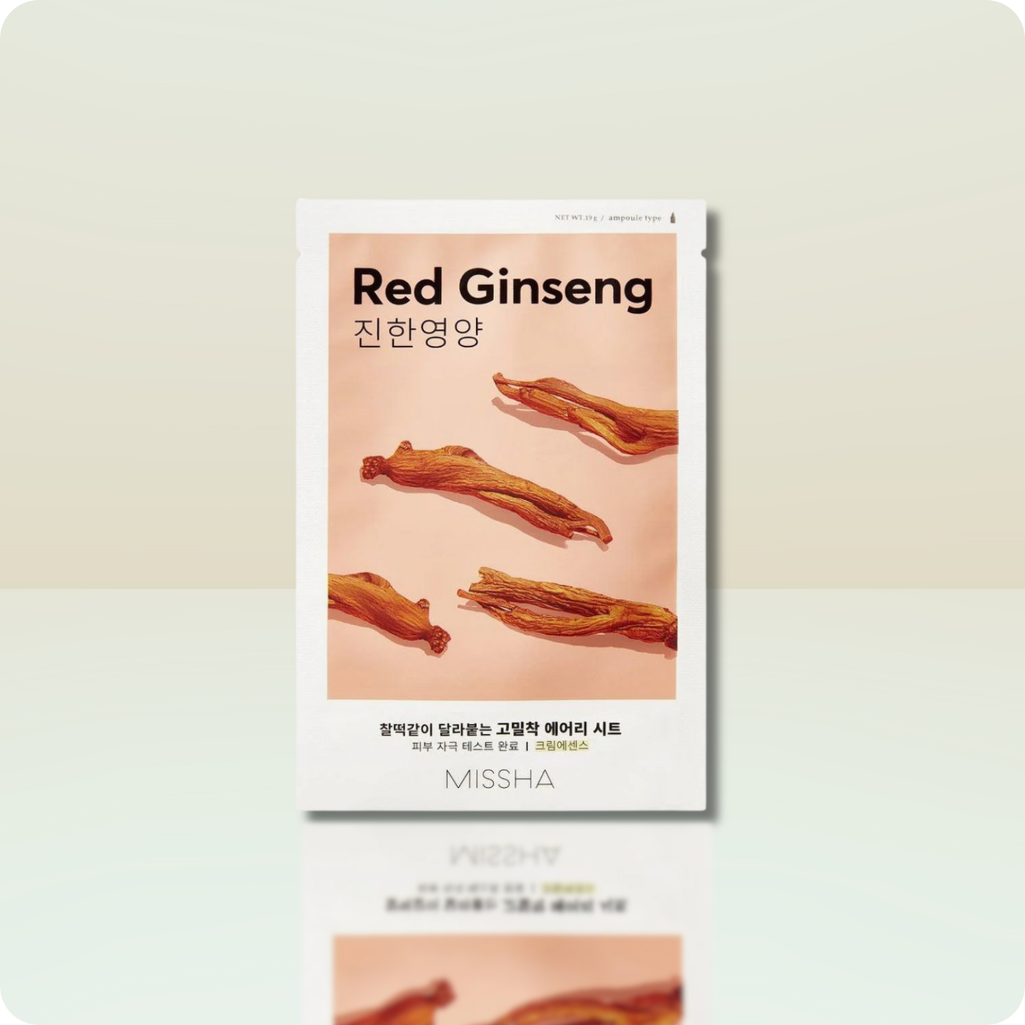 MISSHA Airy Fit Sheet Mask packaging with Red Ginseng label and an image of the sheet mask on the front.