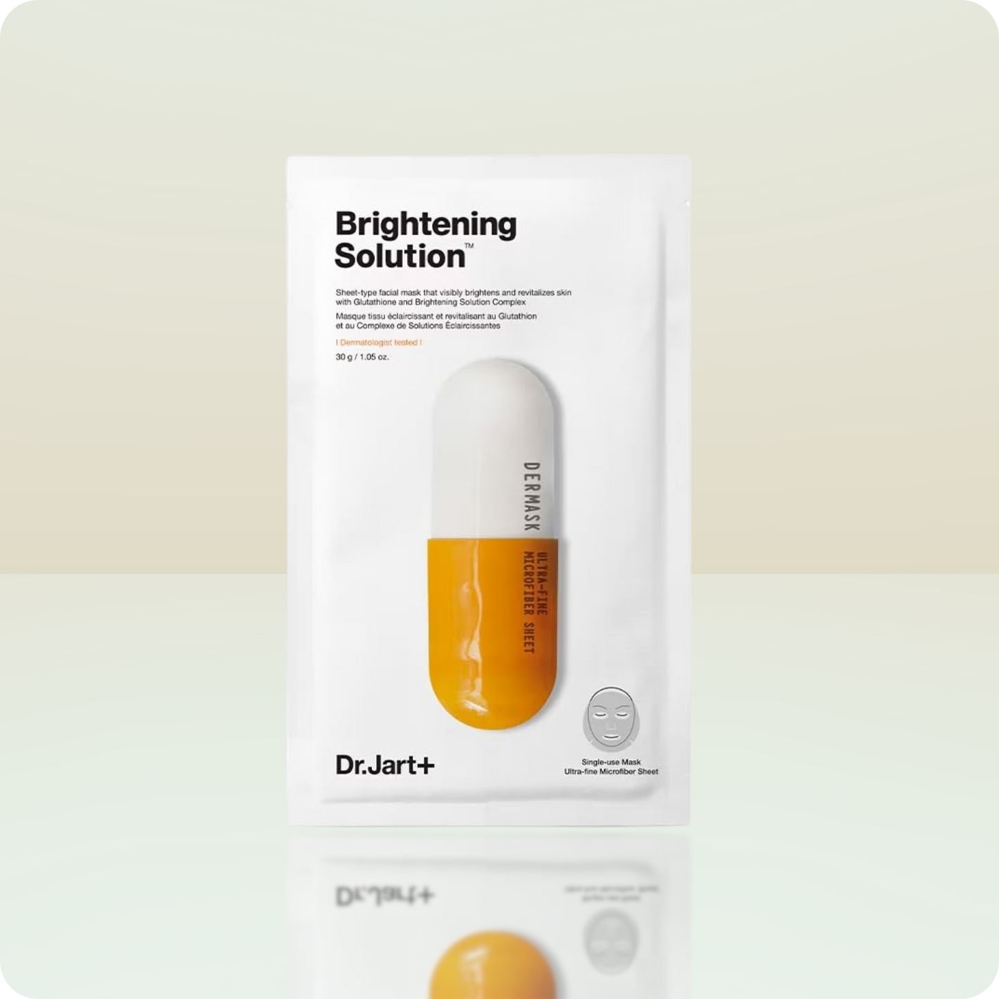 Packaging of DR.JART+ Dermask Micro Jet Brightening Solution with a single yellow and white microfiber sheet mask visible through an open pouch.