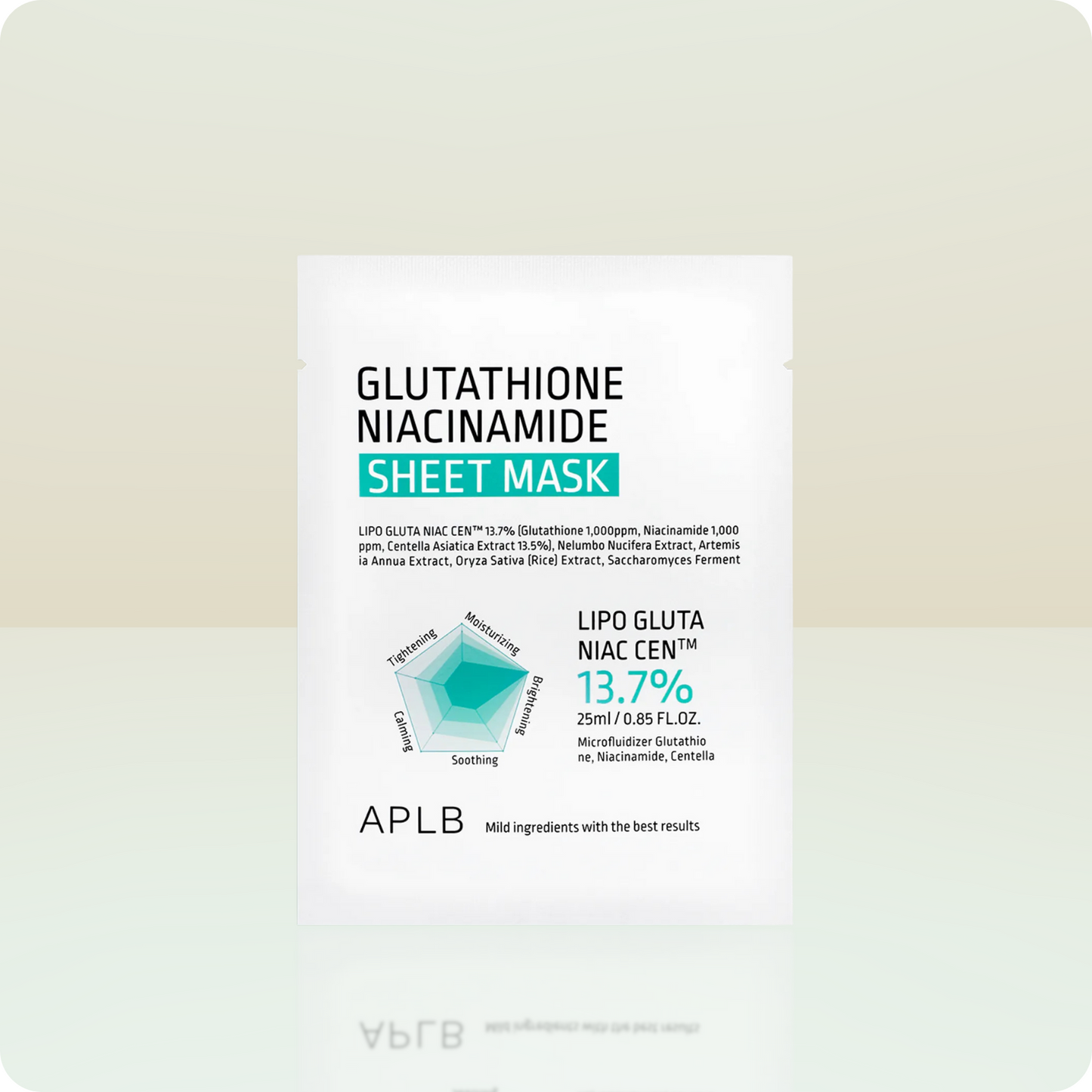 Glutathione niacinamide sheet mask packaging on a beige background